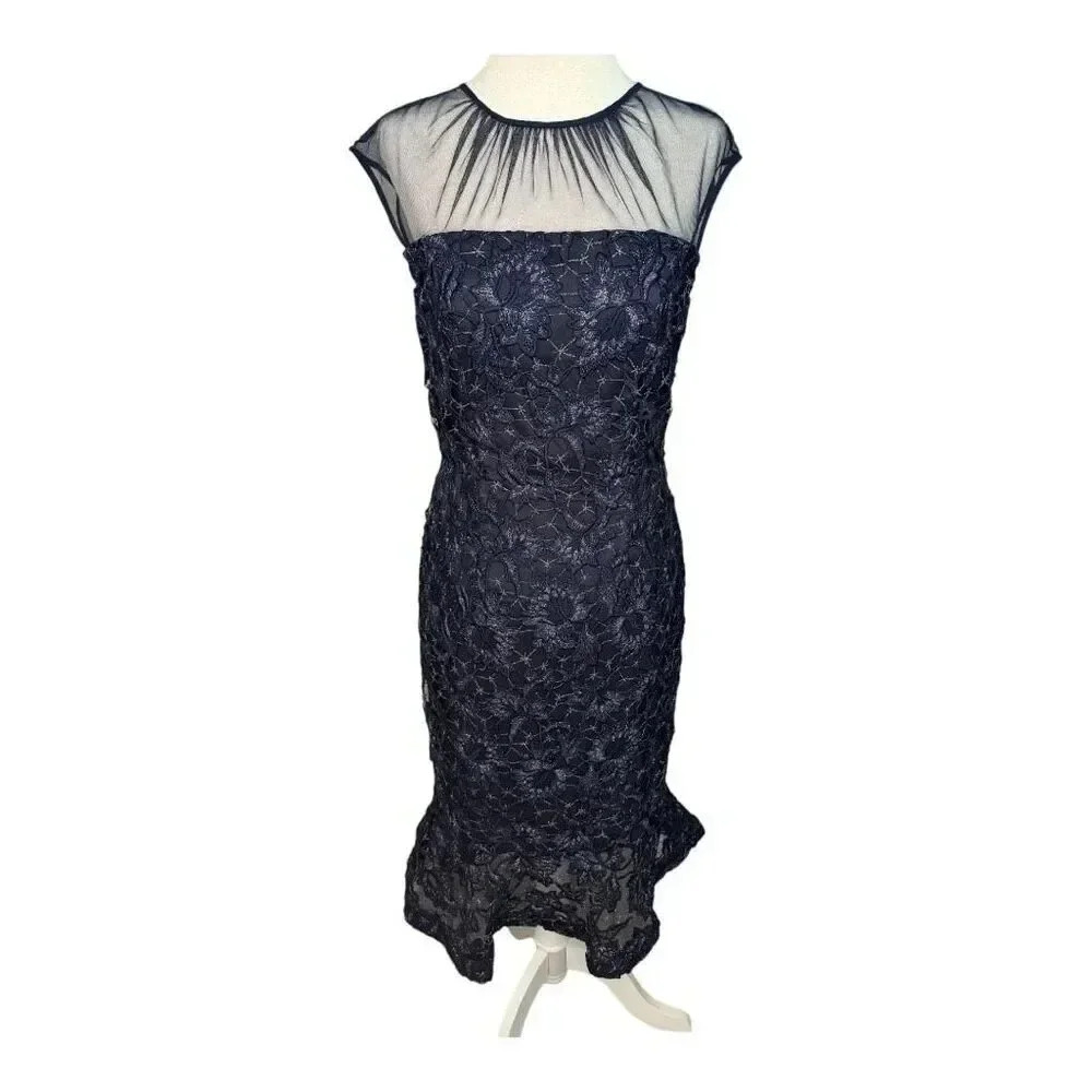 Aidan Mattox Women's Illusion Lace Midi Dress Navy Blue Size 2 Formal‎